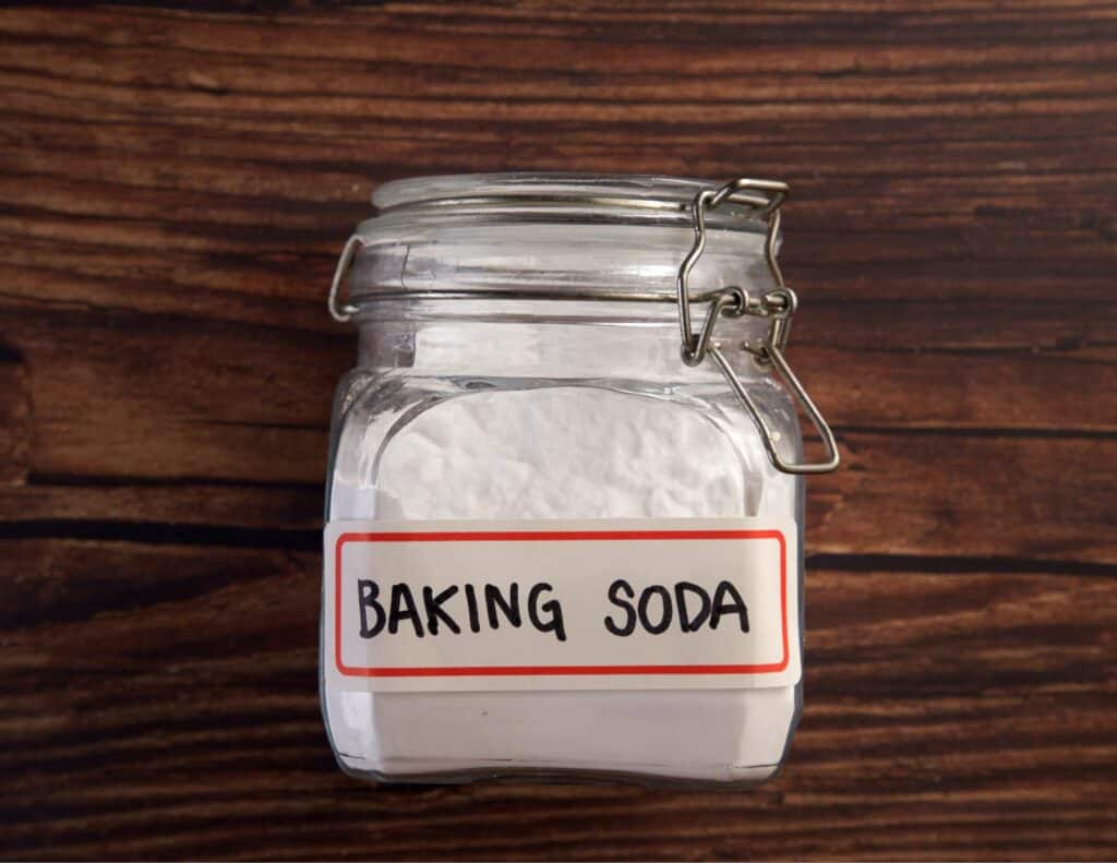 Baking soda in labelled jar.