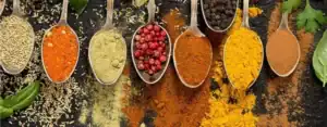 herbs spices on spoons