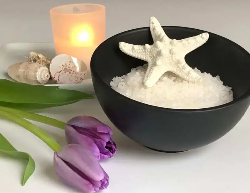 epsom salt bath salt in bowl flowers shells salt block candle holder
