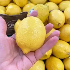 lemon in hand with box of lemons in background