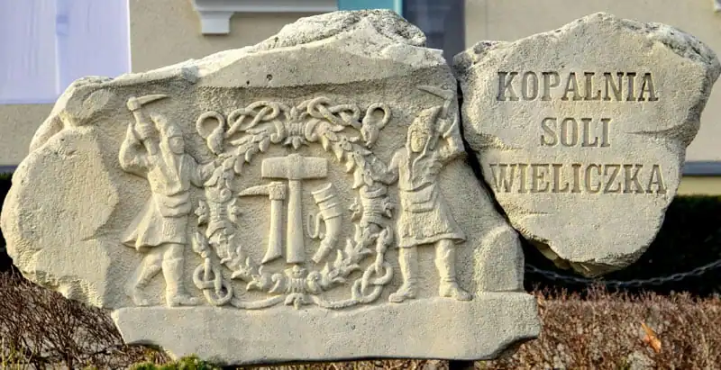 history of salt sign at Wieliczka salt mine Poland